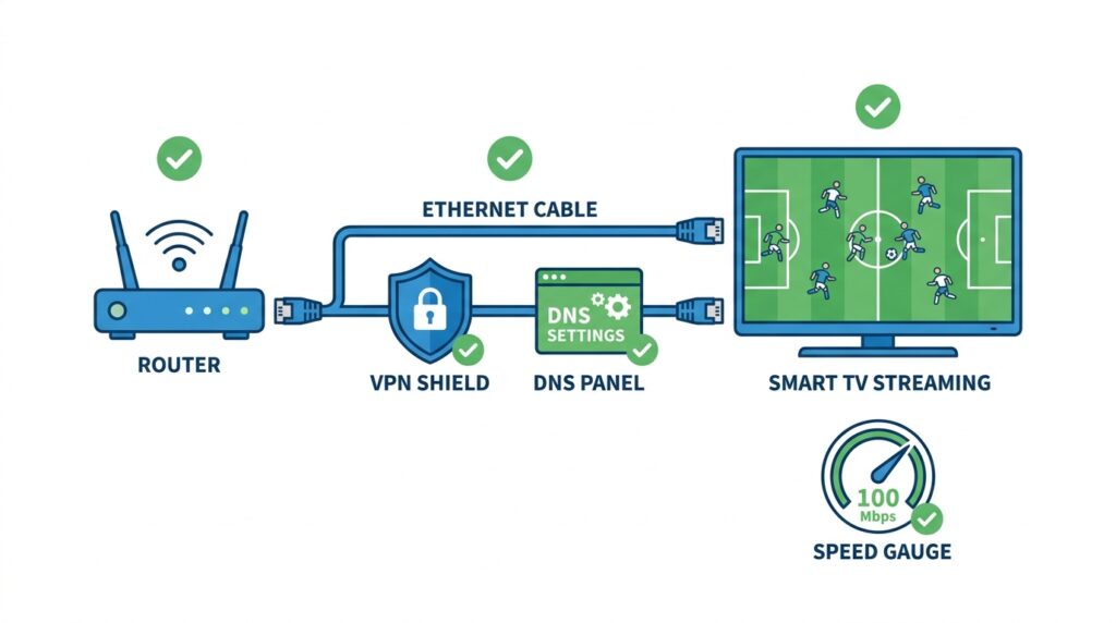 Home network optimization guide for IPTV without buffering showing Ethernet connection, VPN, DNS settings and buffer size configuration