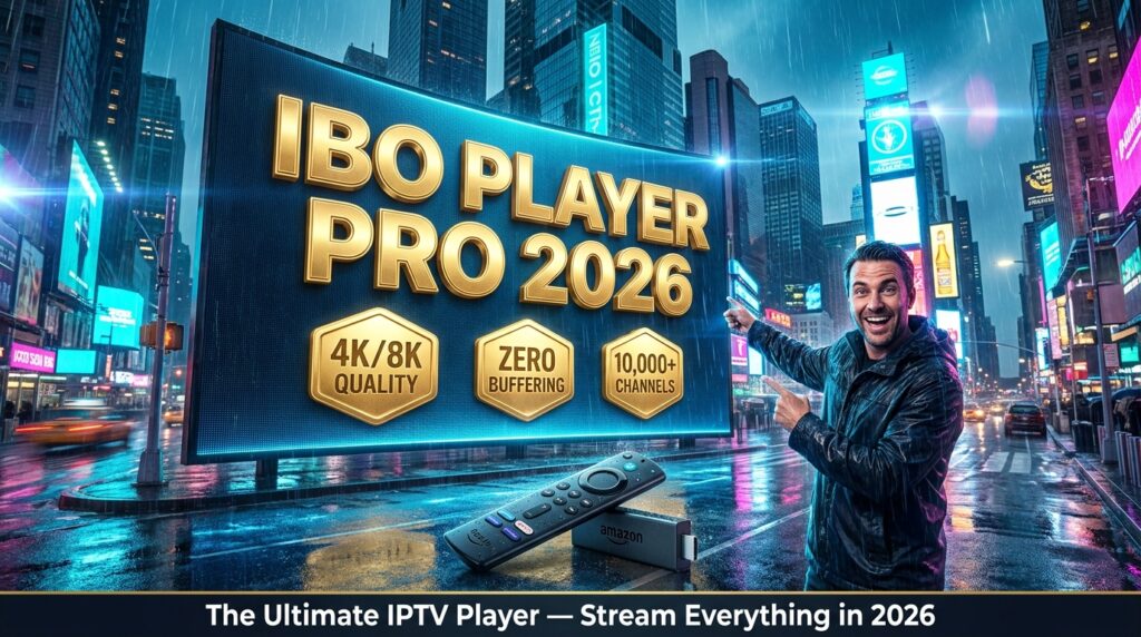 IBO Player Pro 2026 — best IPTV player app for 4K streaming, zero buffering and Firestick setup displayed on a neon billboard in a rain-soaked city