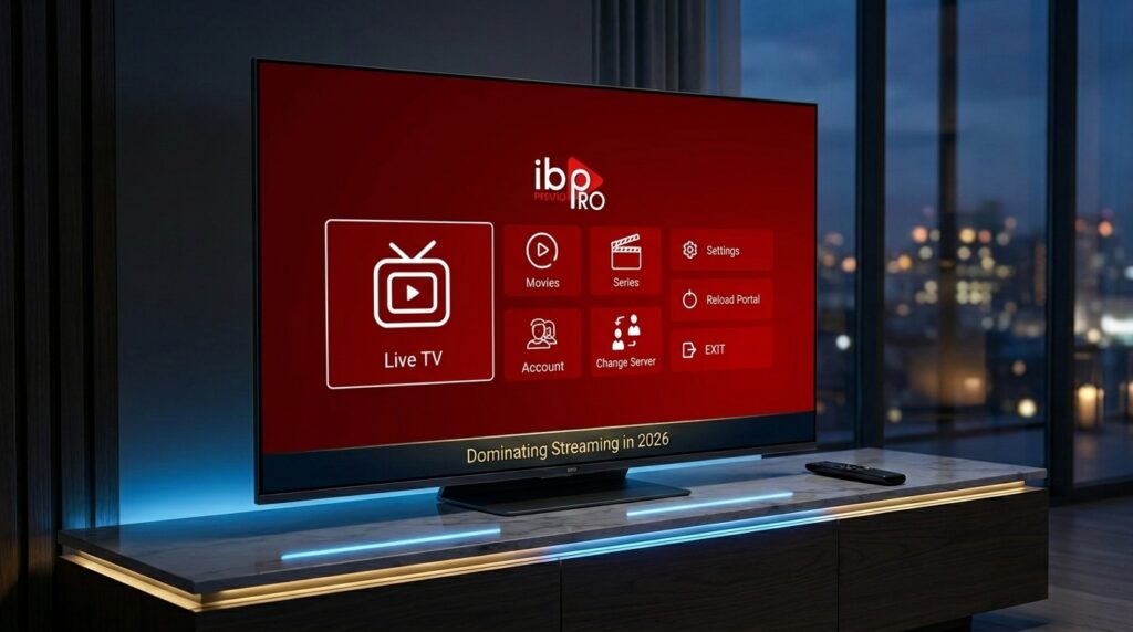 IBO Player Pro 2026 app interface on Android TV showing 4K live channels and EPG guide — best IPTV player in 2026