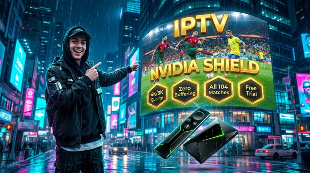 IPTV Nvidia Shield featuring 4K World Cup sports streaming on a giant city billboard with Shield Pro hardware.