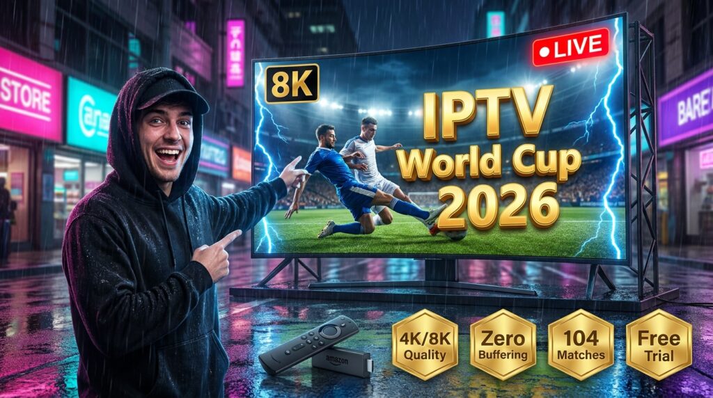 IPTV World Cup 2026 streaming setup showing TiviMate IPTV Player on 8K TV with Amazon Fire Stick, 4K quality and zero buffering badges