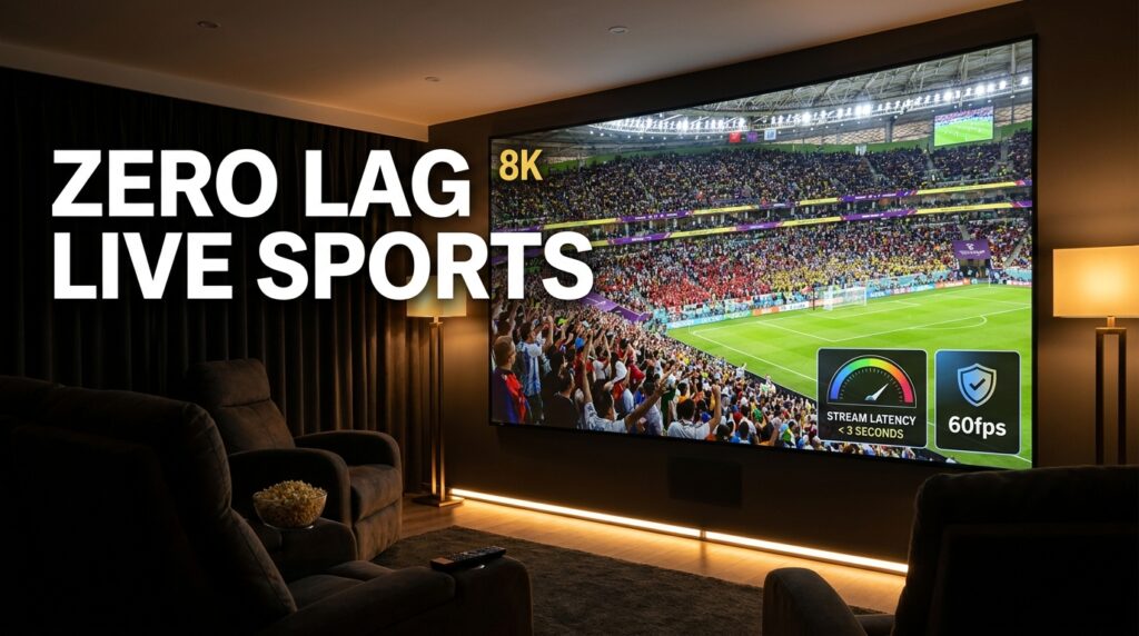 IPTV live sports streaming for the 2026 World Cup — zero lag, 60fps feeds, and low-latency provider setup on a home theater screen
