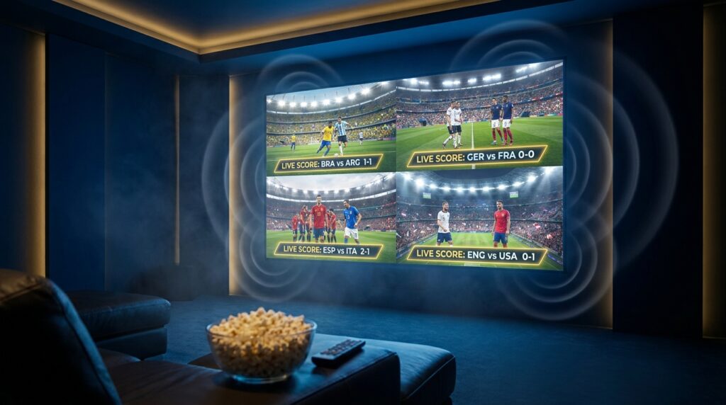 IPTV multiview showing four simultaneous World Cup 2026 
matches on Android TV with zero buffering in 4K quality