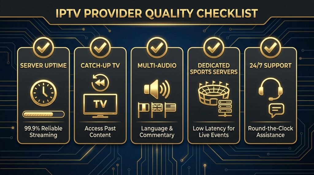 IPTV provider quality checklist for World Cup 2026 showing uptime guarantee, catch-up TV, multi-audio and dedicated sports server features