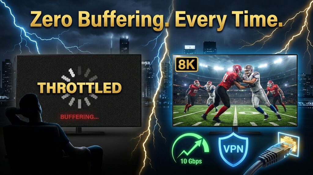 IPTV without buffering achieved using Ethernet connection VPN and optimized TiviMate buffer settings