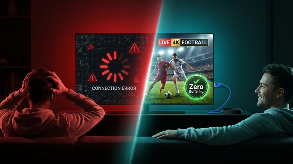 IPTV without buffering comparison showing buffering problem vs smooth 4K streaming achieved through TiviMate settings optimization