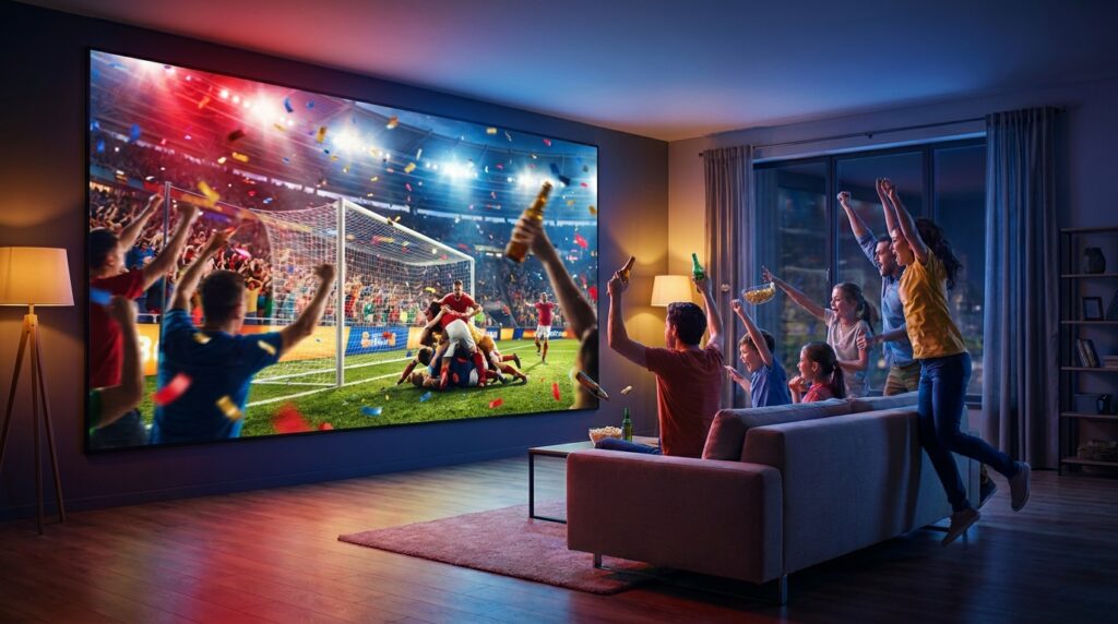 Immersive home cinema experience watching live sports via OTT IPTV.
