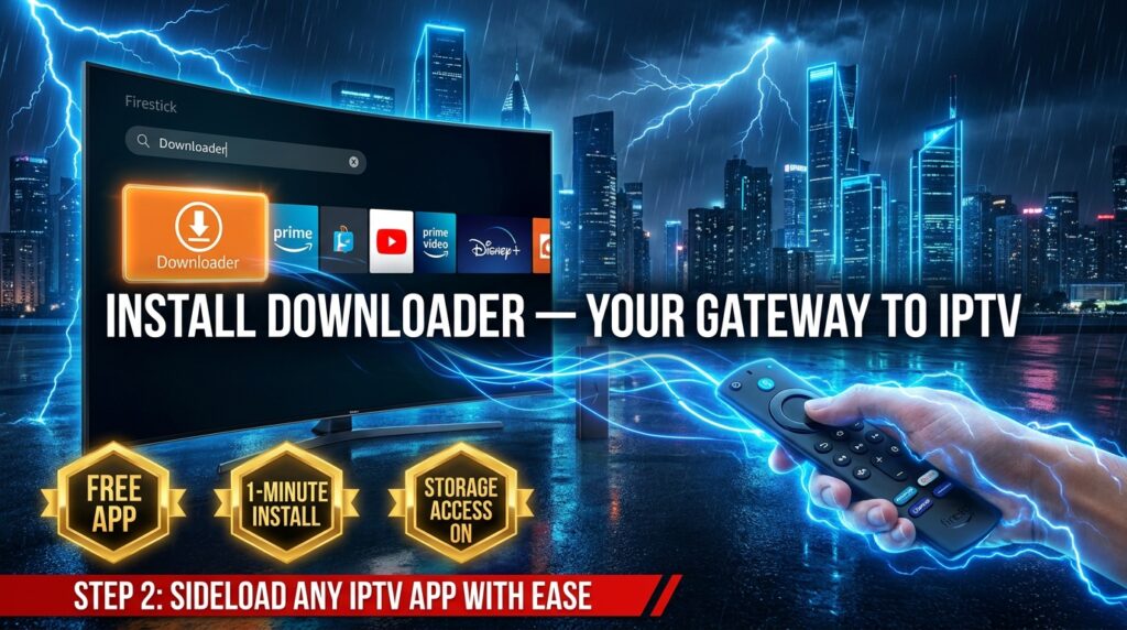 Firestick TV screen showing Downloader orange app icon in search results ready to install for IPTV sideloading on Amazon Fire TV