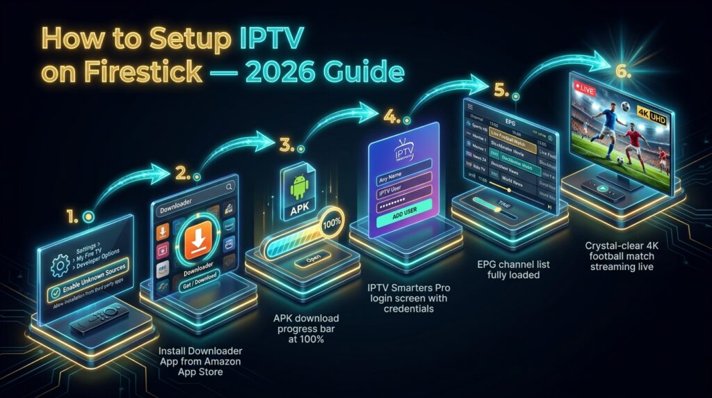 Isometric step-by-step guide showing how to setup IPTV on Firestick
from enabling unknown sources through to watching a live 4K stream