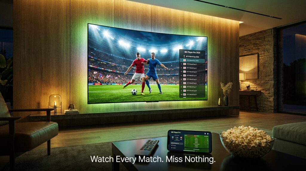 Live World Cup football streaming in 4K via IPTV subscription on giant curved smart TV using IBO Player Pro 2026 sports streaming feature