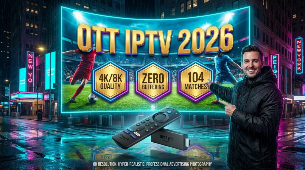 Marketing banner for OTT IPTV 2026 featuring a 4K sports billboard and streaming hardware in a neon city.