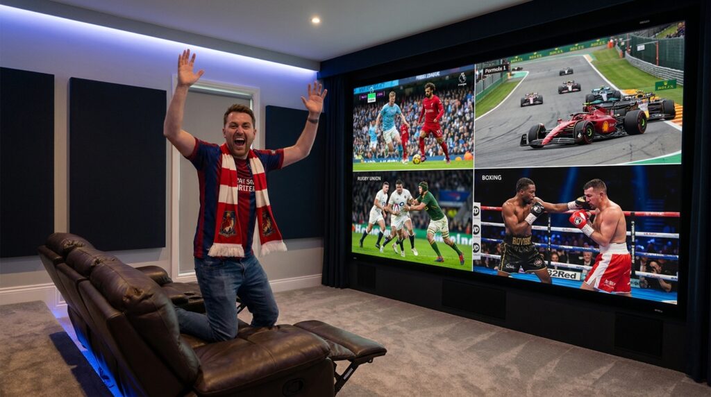 Multi-view sports streaming on IPTV UK showing various live events simultaneously.
