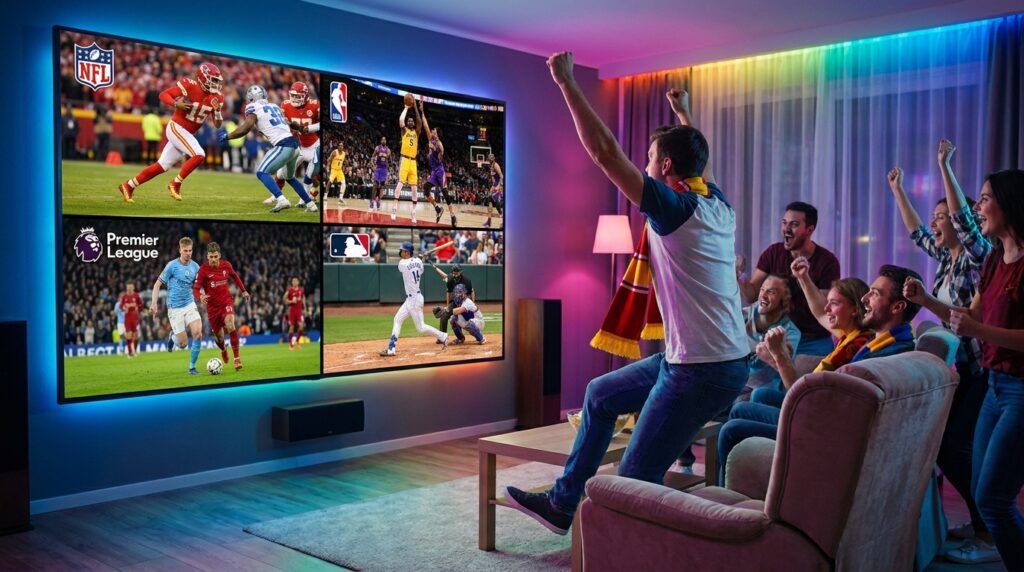 Multi-view sports streaming on a premium IPTV service during the World Cup.
