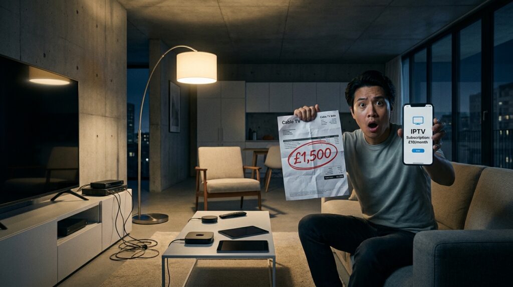 Person comparing an expensive traditional cable bill to a cheap IPTV subscription