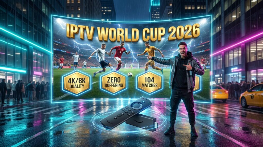 Professional marketing banner for IPTV for World Cup 2026 featuring 4K soccer on a giant city billboard with Firestick setup.