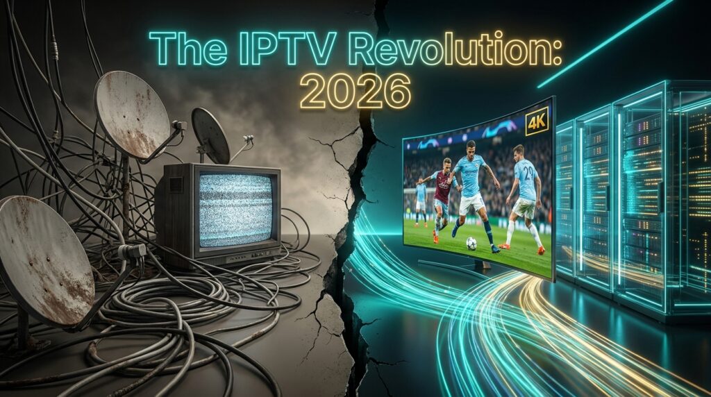 Split illustration contrasting old broken cable TV on the left with a modern fast IPTV streaming setup on the right, representing the IPTV revolution of 2026