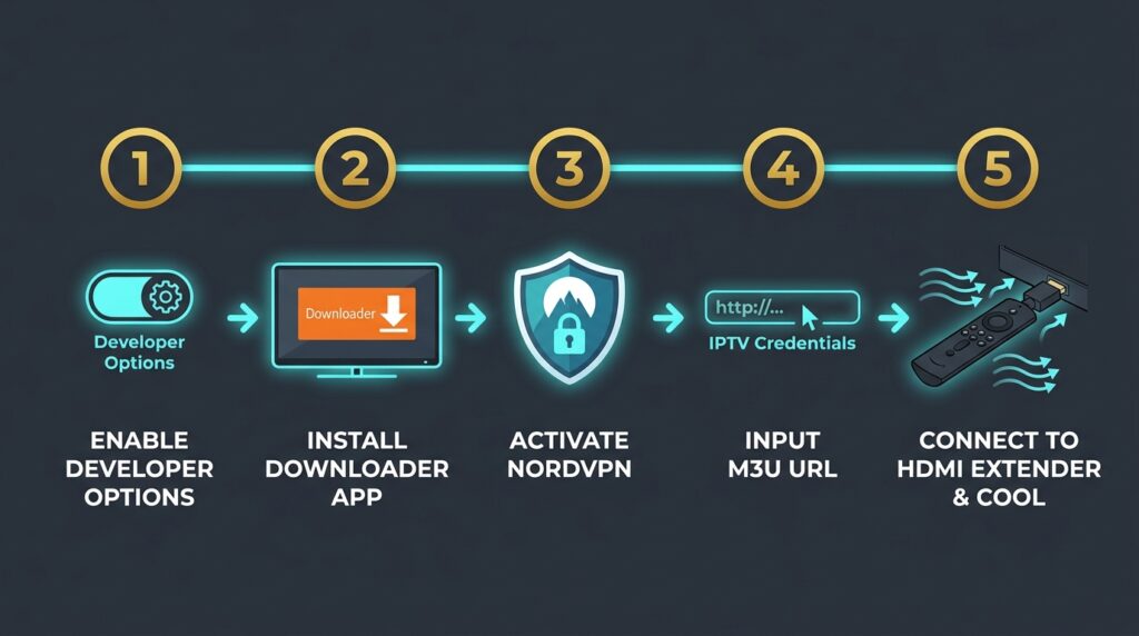 Step-by-step guide to setup IPTV on Firestick in 2026 — sideloading, VPN, M3U credentials, and HDMI extender installation