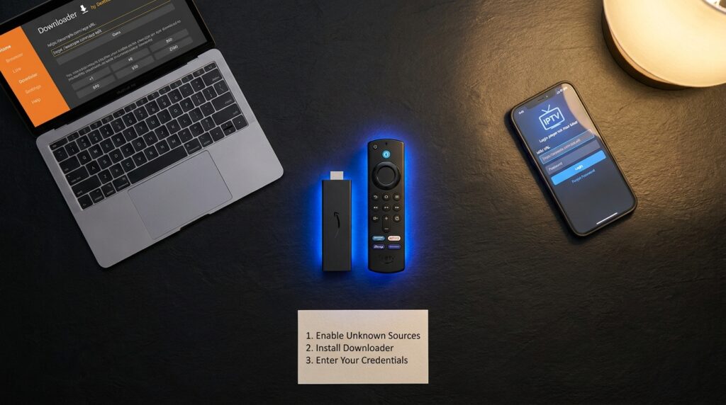 Step by step guide to setup IPTV on Firestick using 
Downloader app to sideload the best IPTV player APK