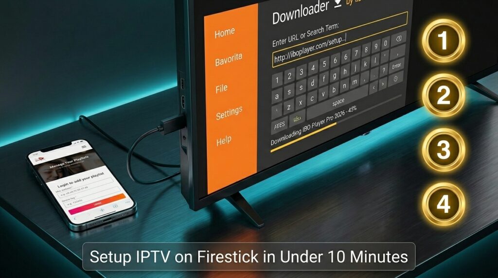Step-by-step setup of IBO Player Pro 2026 on Amazon Firestick using Downloader app with M3U IPTV subscription credentials