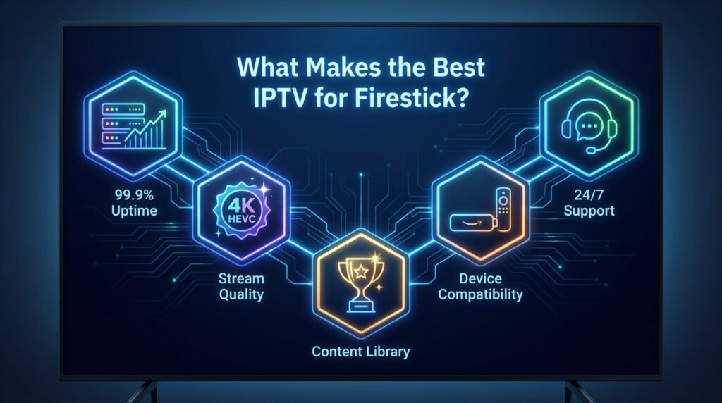 Tech infographic showing the five most important factors for
choosing the best IPTV for Firestick uptime, stream quality,
content library, device compatibility, and 247 support
