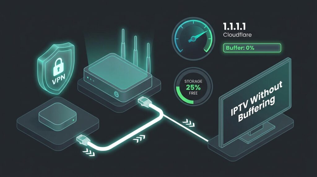 Technical checklist for IPTV without buffering — Ethernet connection, VPN setup, DNS optimization, and device cache management diagram
