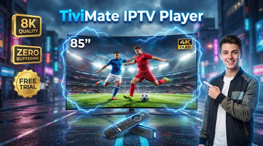 TiviMate IPTV Player 8K premium marketing banner showing zero buffering and 4K quality features on Amazon Firestick.