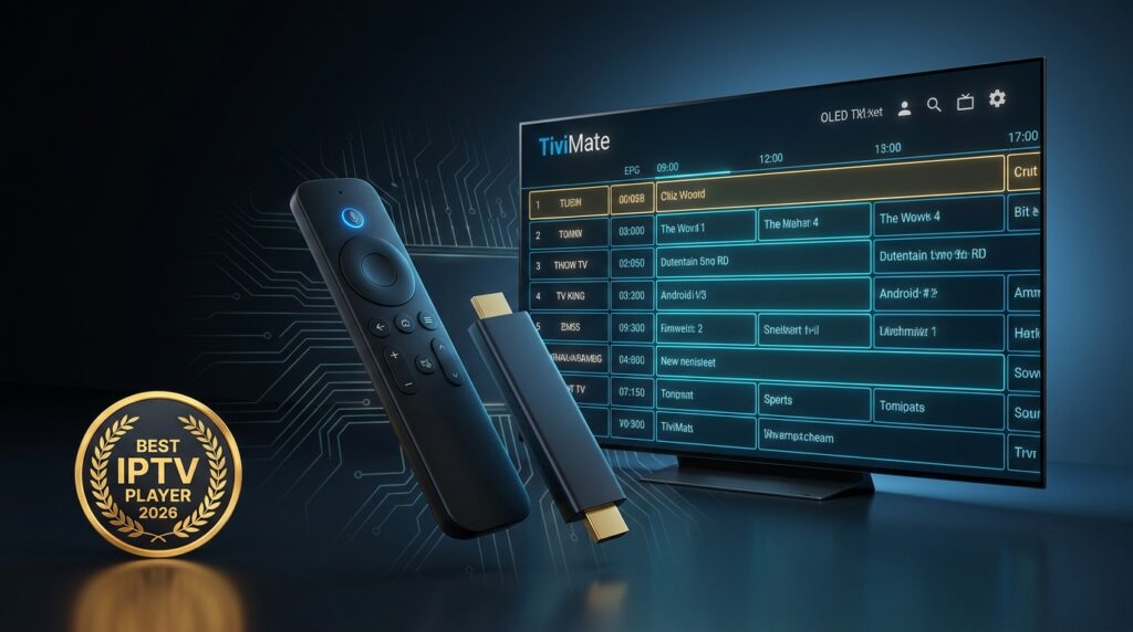 TiviMate IPTV Player app interface displayed on Android TV showing channel grid EPG with Firestick remote in foreground