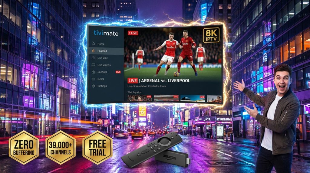 TiviMate IPTV Player hero banner showing 8K live football stream on giant curved TV with Firestick remote and zero buffering badge