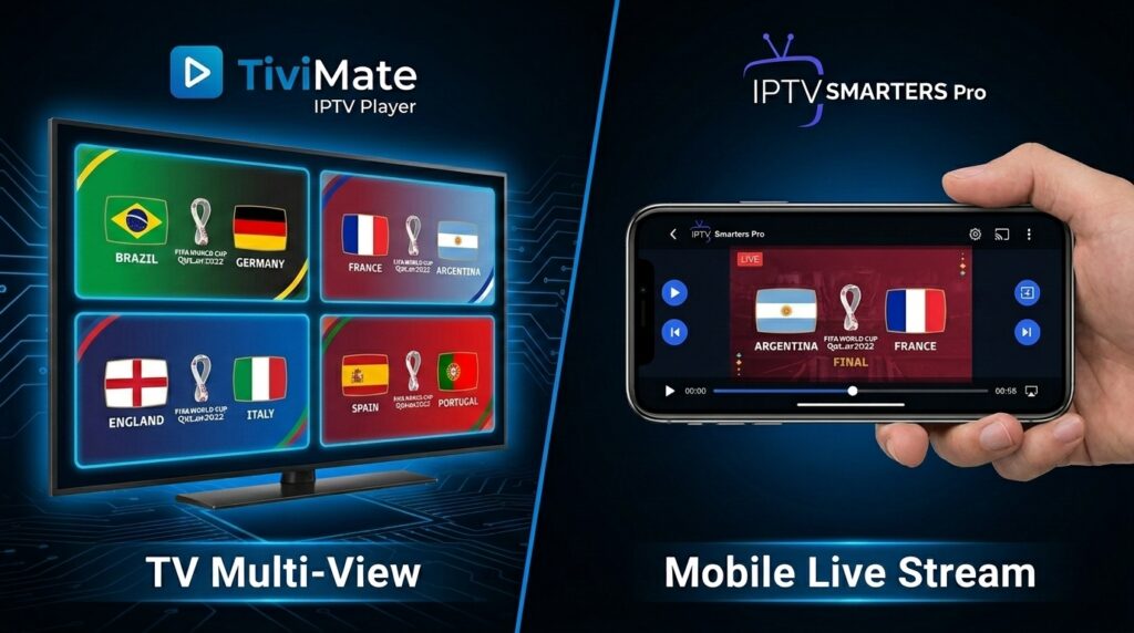 TiviMate IPTV Player multi-view feature vs IPTV Smarters Pro cross-platform comparison for World Cup 2026 streaming