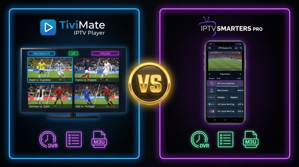 TiviMate IPTV Player multi-view on Android TV versus IPTV Smarters Pro EPG guide on smartphone for World Cup 2026 streaming