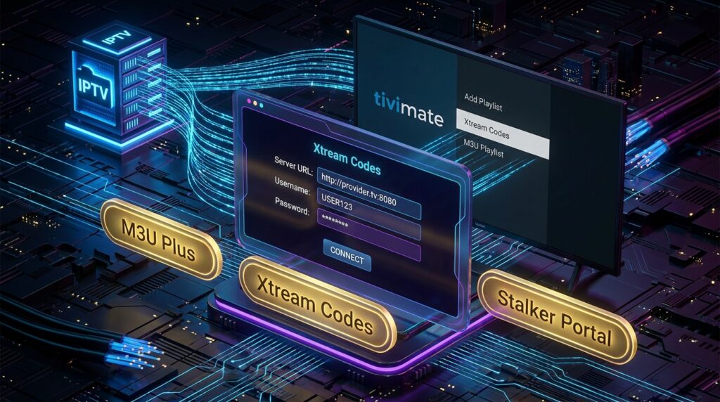 TiviMate IPTV Player setup screen showing Xtream Codes API configuration with server URL and username fields for IPTV provider connection
