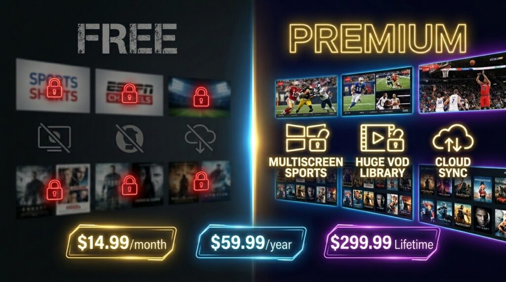 TiviMate Subscription comparison showing free vs premium features with pricing plans for monthly, yearly and lifetime options