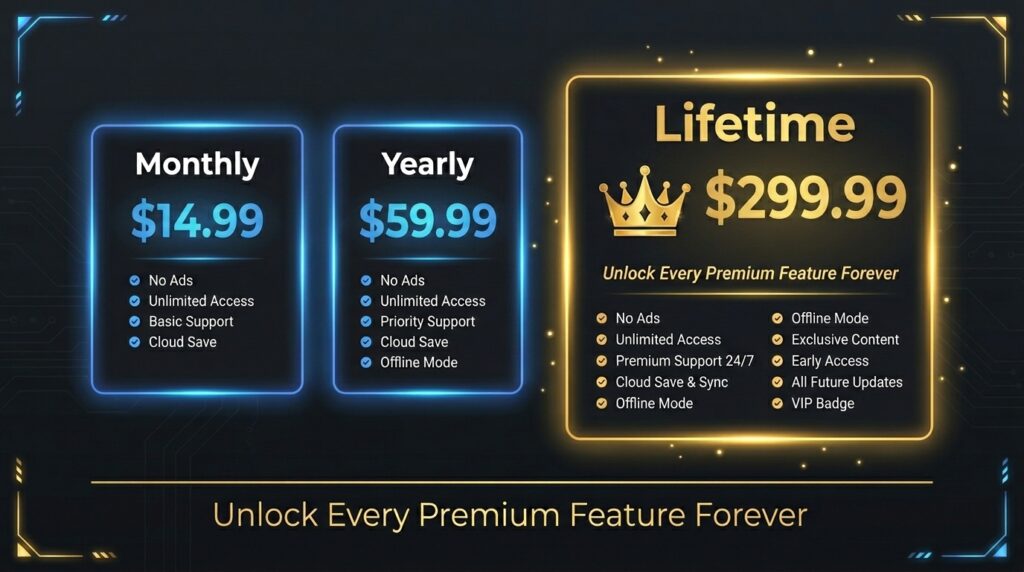 TiviMate Subscription pricing plans 2026 monthly yearly and lifetime key comparison infographic