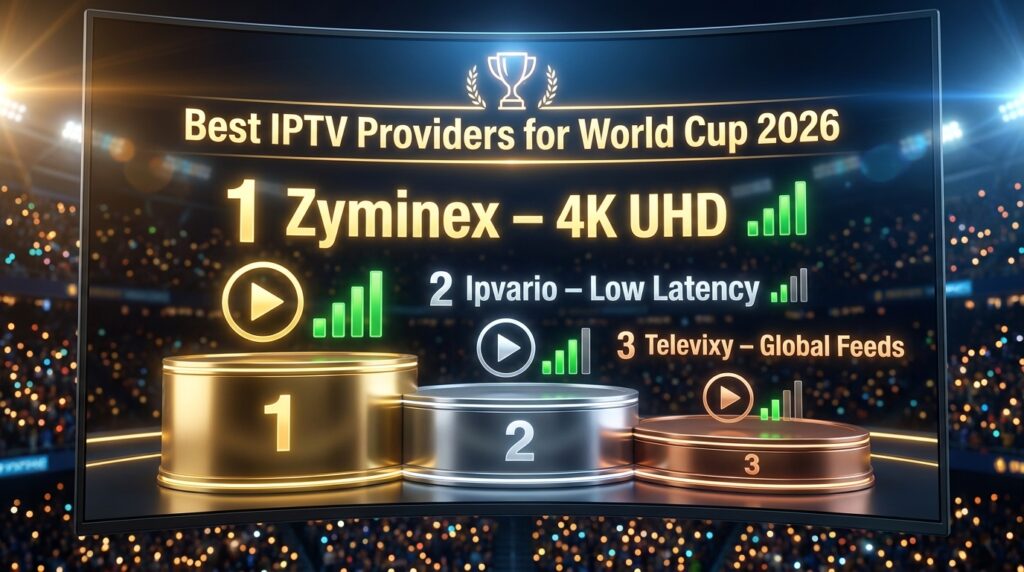 Top 3 best IPTV providers for World Cup 2026 podium showing Zyminex, 
lpvario and TeIevixy ranked by performance
