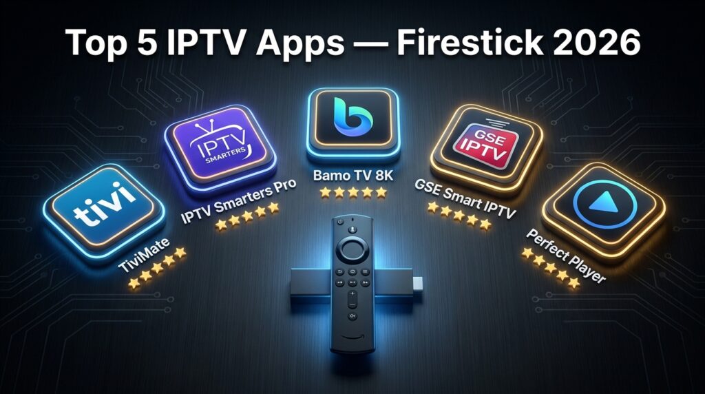 Top 5 best IPTV apps for Firestick in 2026 including TiviMate, IPTV Smarters Pro and Bamo TV 8K