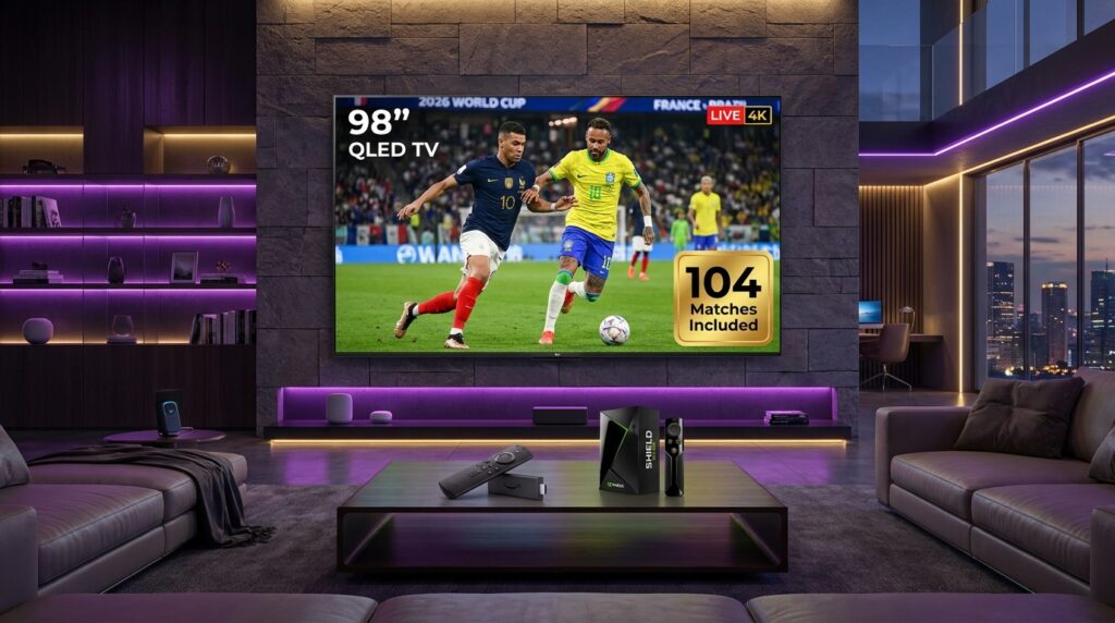 Ultimate marketing banner for IPTV World Cup 2026 showing 4K sports streaming on a premium home cinema setup.