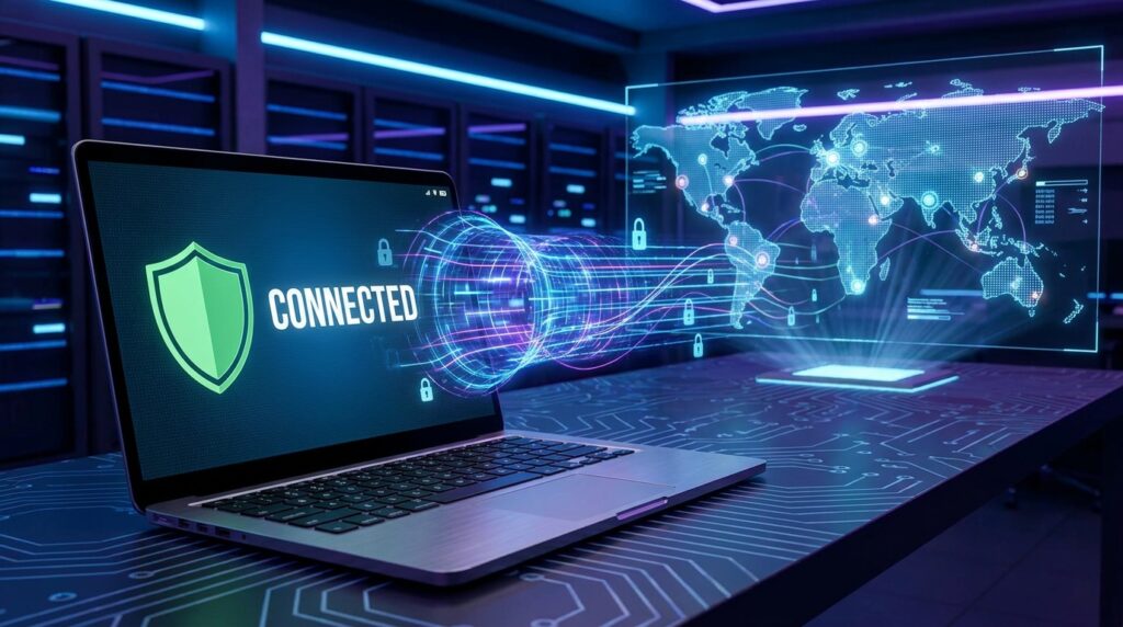 VPN interface showing a secure connection to bypass ISP throttling for IPTV.