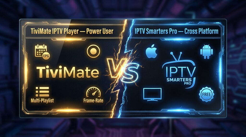 VS comparison graphic between TiviMate IPTV Player and IPTV Smarters Pro
highlighting the key features of each app for Firestick users in 2026