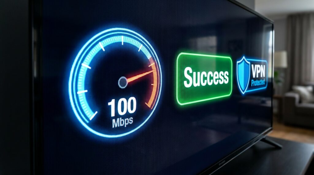 Visual representation of a fast, buffered-free IPTV connection and VPN protection.