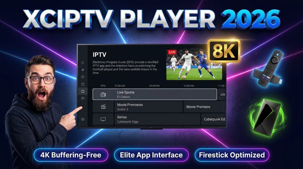 XCIPTV Player 2026 best IPTV app setup guide showing EPG interface on smart TV with Firestick and Nvidia Shield