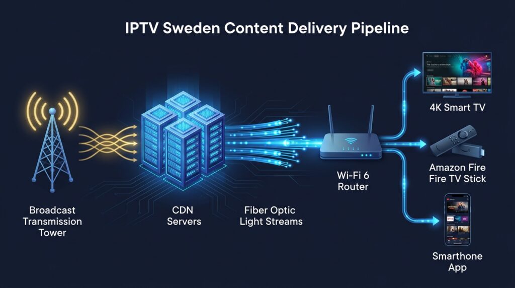 3D infographic diagram showing IPTV Sweden technology delivery pipeline from broadcast tower through CDN fiber servers to Smart TV Fire Stick and smartphone