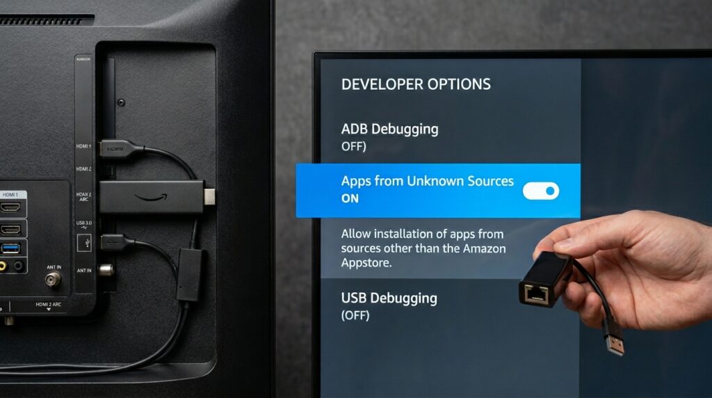 Amazon Firestick connected to a 4K TV with developer settings enabled for IPTV setup