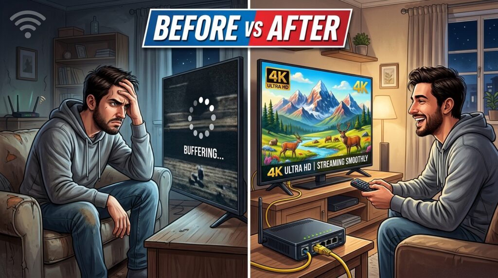 Before and after comparison of IPTV buffering problem solved with Ethernet connection and QoS settings