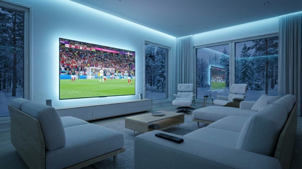 Best IPTV Finland 2026 – modern Finnish living room with 4K smart TV displaying IPTV channel grid