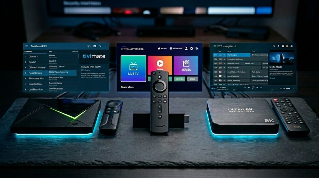 Best IPTV player apps including TiviMate and IPTV Smarters Pro displayed on Android streaming devices