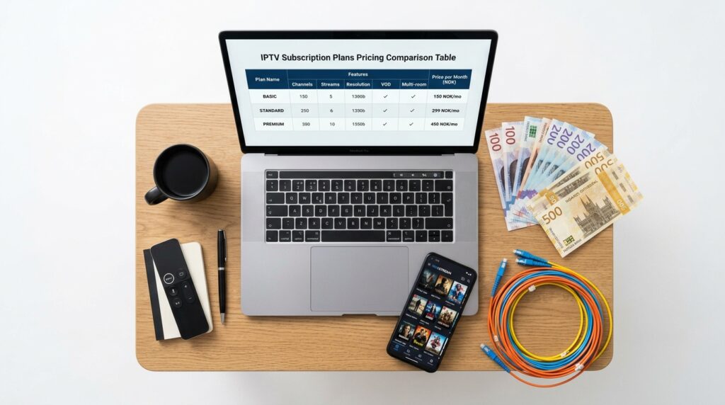 Comparison of IPTV provider subscription plans in Norway showing pricing and channel packages for 2026