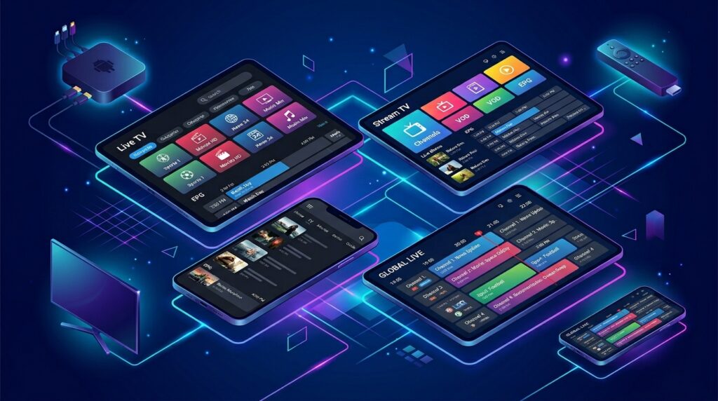Comparison of the best IPTV player apps displayed on multiple devices including Android TV and Smart TV