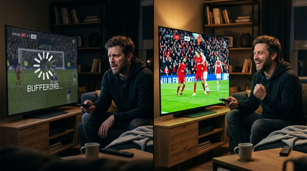 Comparison showing IPTV buffering problem versus zero buffering smooth 4K streaming experience in Norway