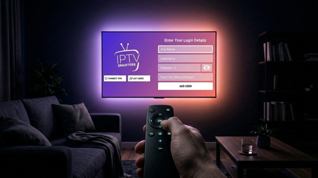A dark UK TV screen showing an IPTV Xtream Codes login form with server URL, username and password fields, illustrating how to connect an IPTV subscription on Firestick in 2026.