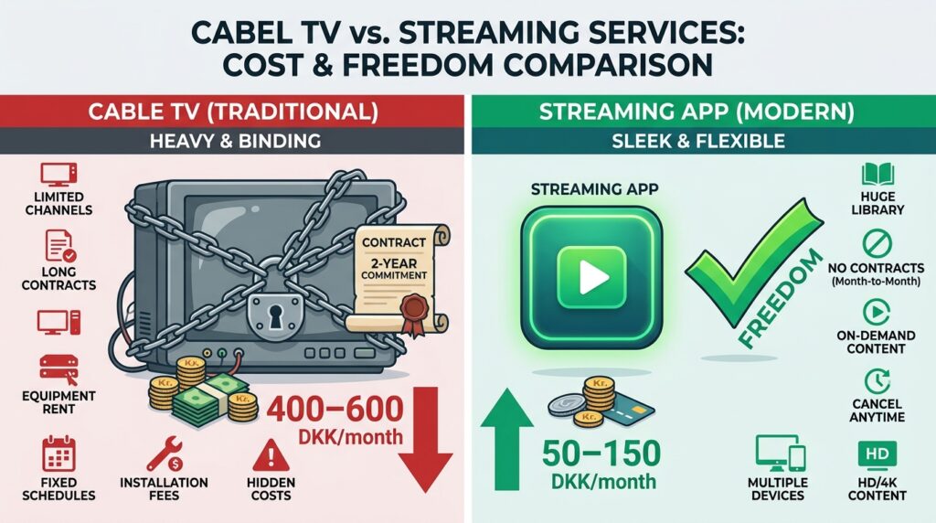 Cost comparison infographic between traditional Danish cable TV at 400-600 DKK and IPTV subscription at 50-150 DKK per month